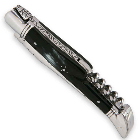 Couteau Laguiole manche en corne noire avec tire-bouchon et mitres en inox