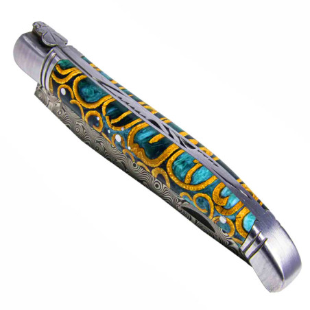 Laguiole Damascus Knife with Green Cinnamon-Stained Handle