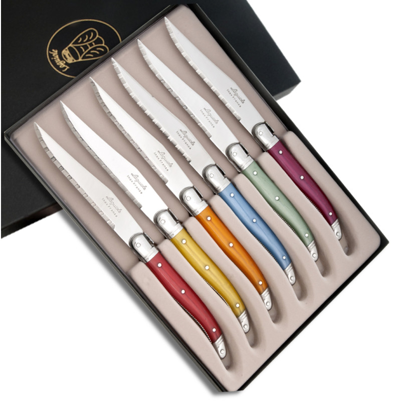 Set of 6 laguiole steak knives ABS with colors handles in a box