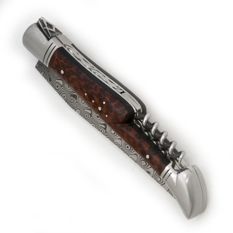 Laguiole Freemason’s Knife ebony and mimosa wood handle, damascus blade, corkscrew