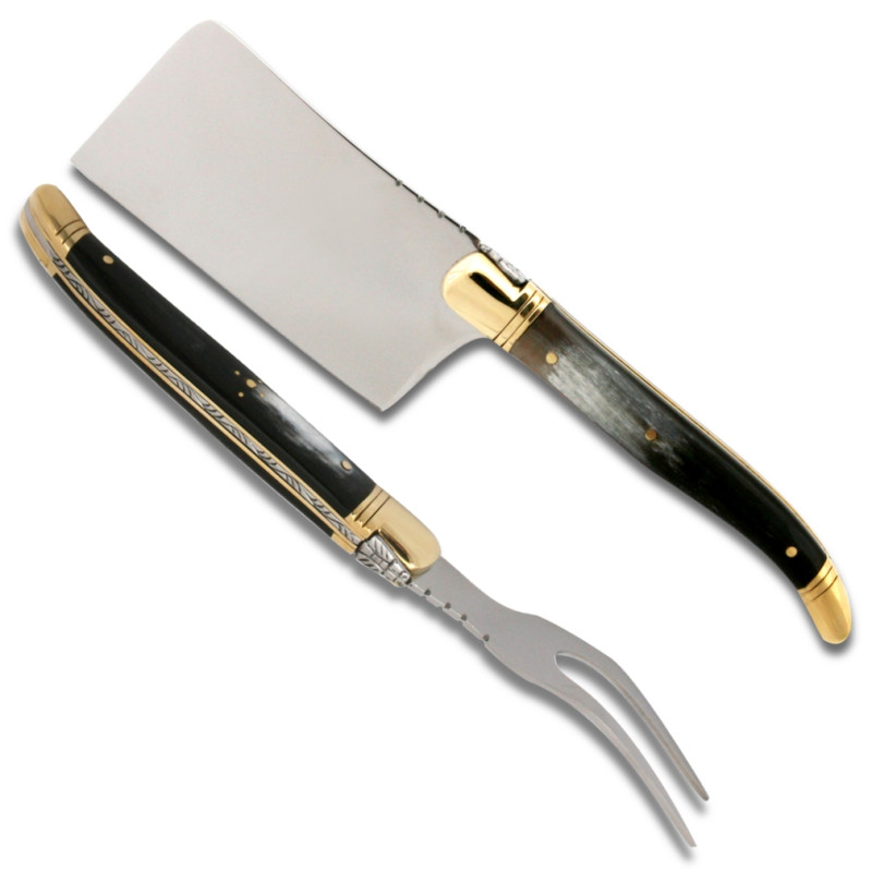 laguiole cheese knife set with black horn handle and brass