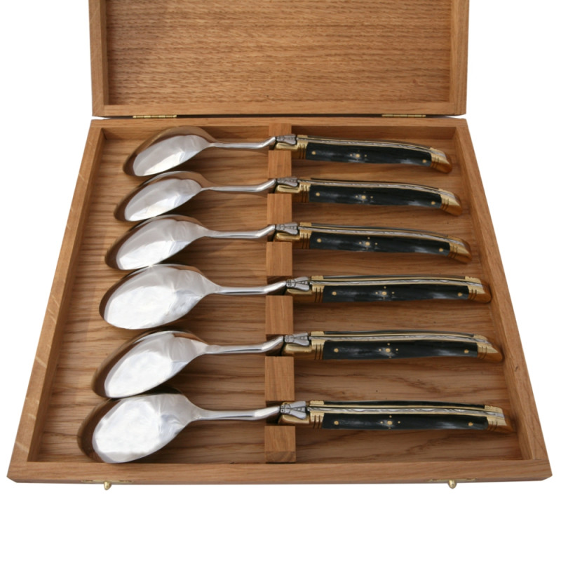 Set of laguiole soup spoons with black horn handle and brass bolster