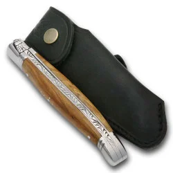 Laguiole folding knife olive wood + stainless steel + leather case