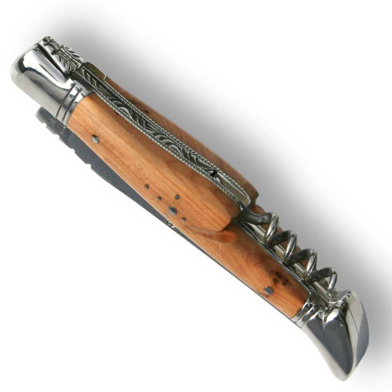 laguiole knife juniper wood, leather sheath, sharpening stone