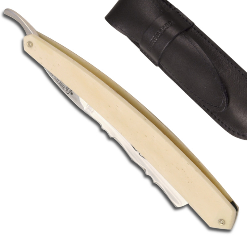 Historic Straight Razor 6/8 Bone handled - Forged decorated on the back of the blade