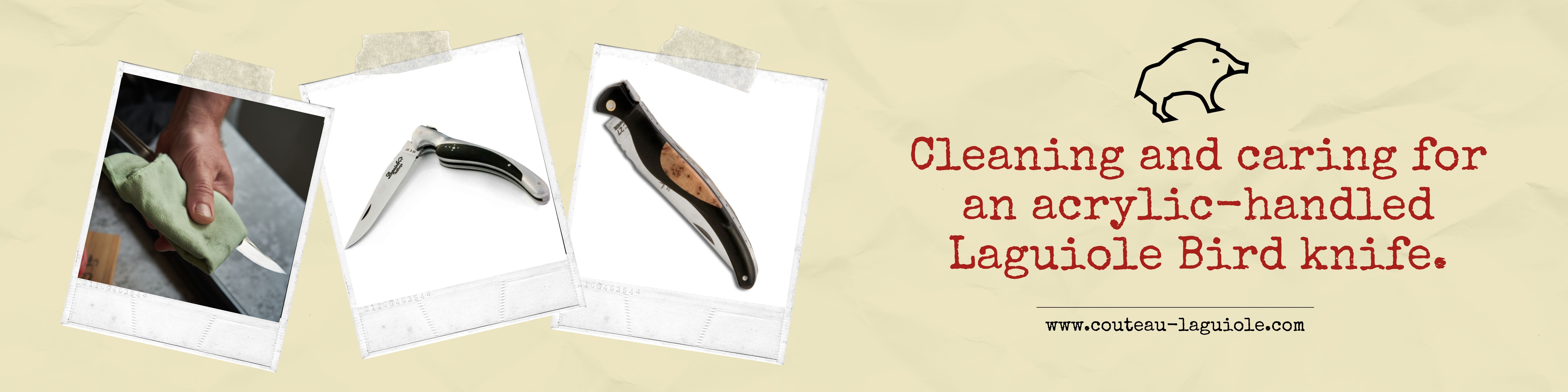 Cleaning and caring for an acrylic-handled Laguiole Bird knife.