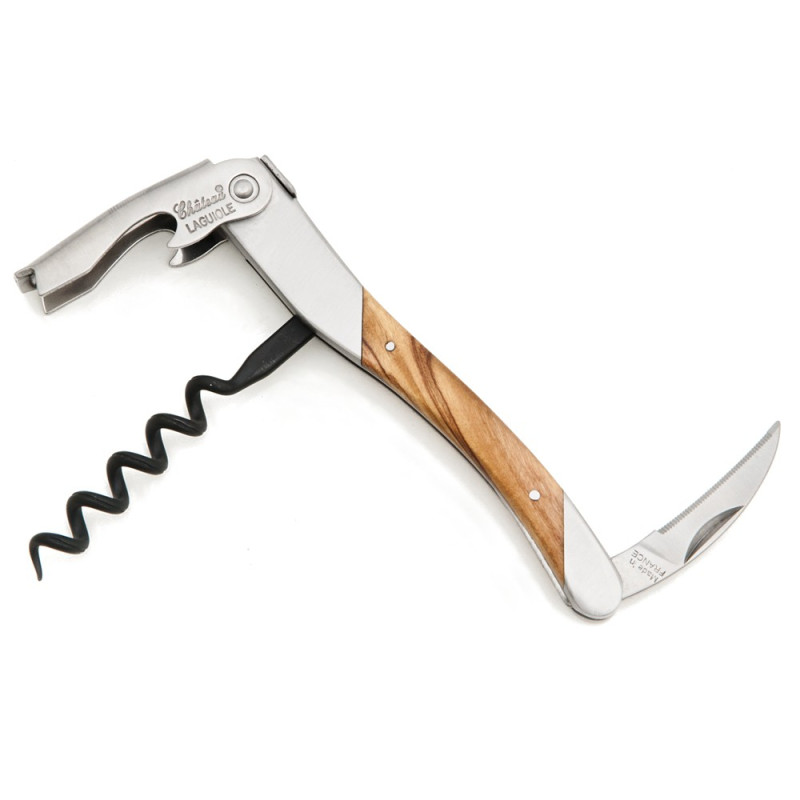 Couteau De Sommelier Laguiole 3 En 1 - Manche Bois D'olivier, Lame Inox - Tire-bouchon, Coupe-capsule, Décapsuleur